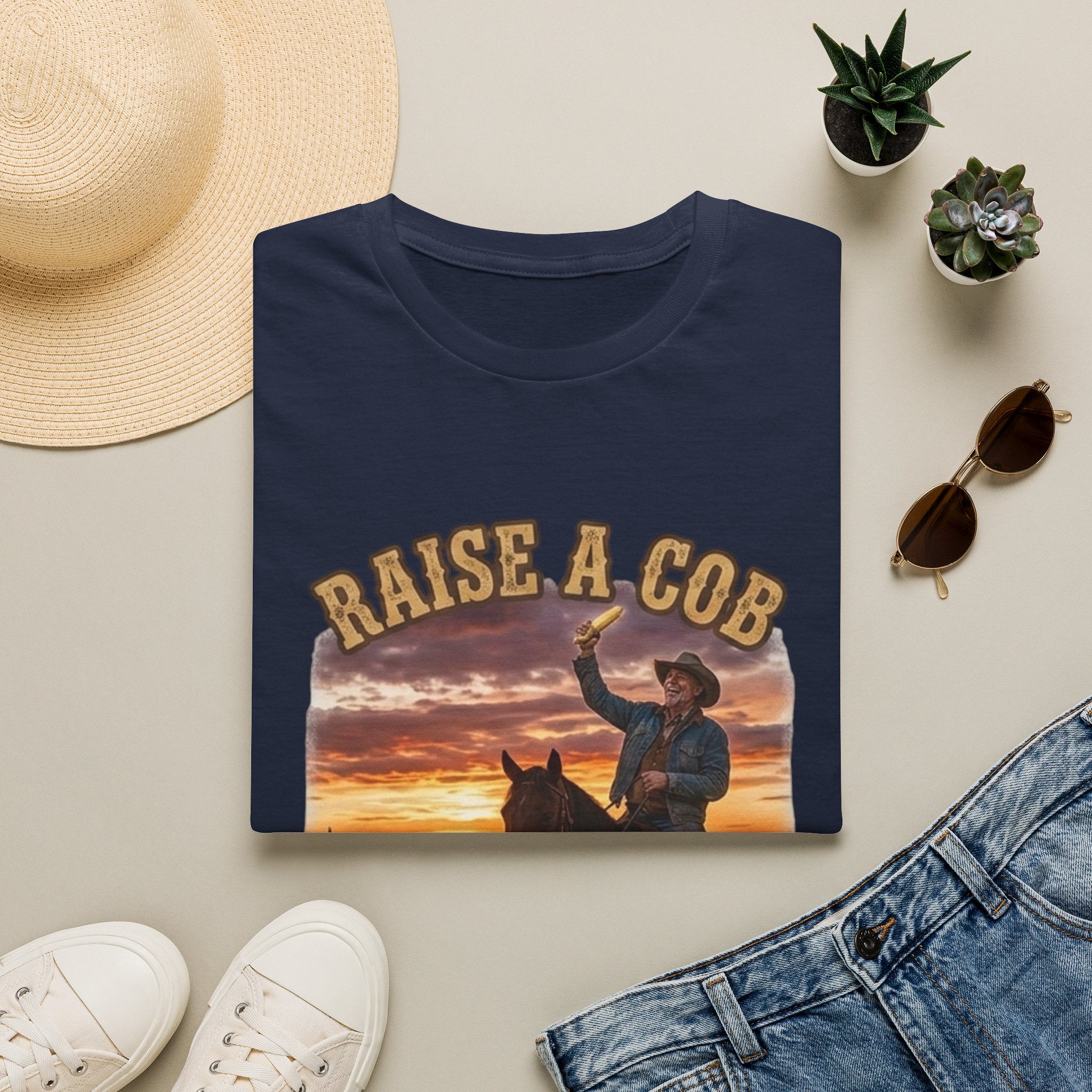 Raise a Cob to Cory Cowboy T‑Shirt — Western Sunset Rodeo Taber Corn Graphic Tee