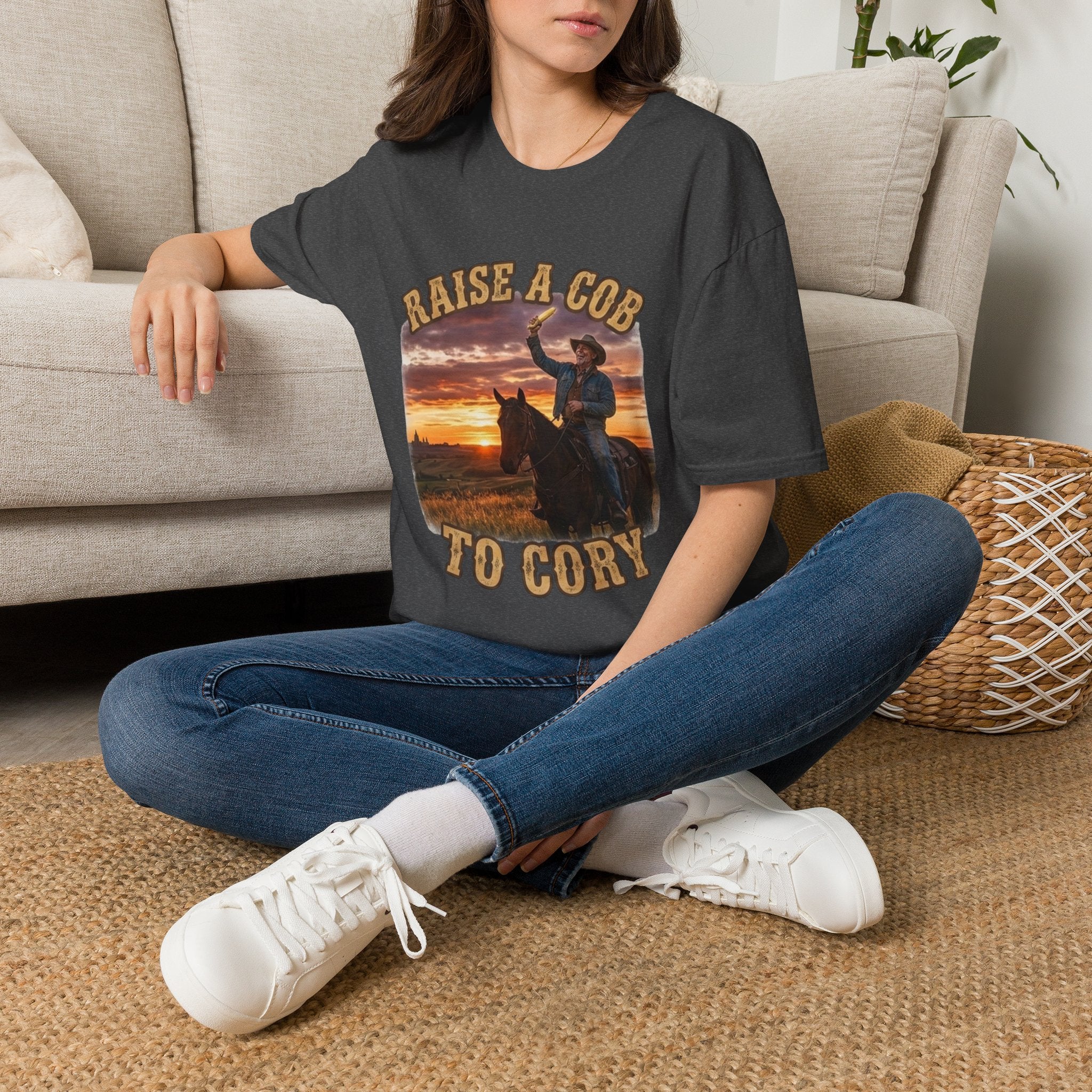 Raise a Cob to Cory Cowboy T‑Shirt — Western Sunset Rodeo Taber Corn Graphic Tee