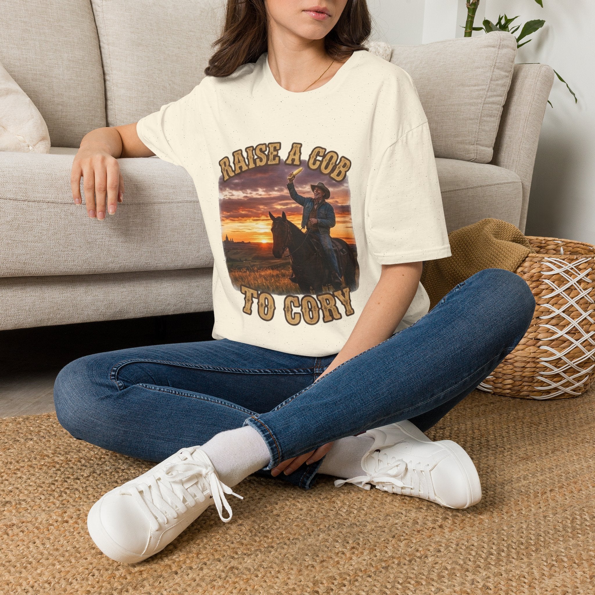 Raise a Cob to Cory Cowboy T‑Shirt — Western Sunset Rodeo Taber Corn Graphic Tee