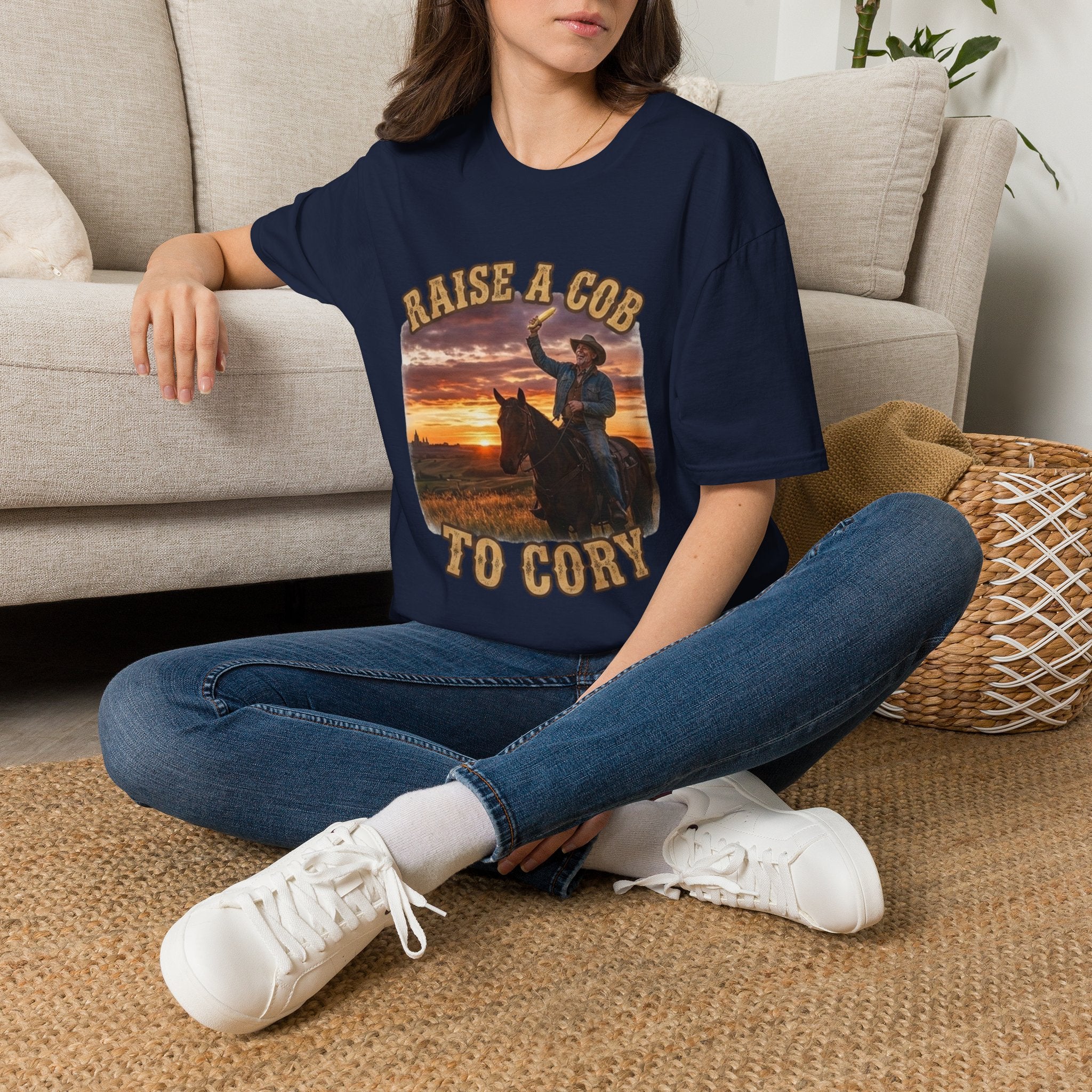 Raise a Cob to Cory Cowboy T‑Shirt — Western Sunset Rodeo Taber Corn Graphic Tee