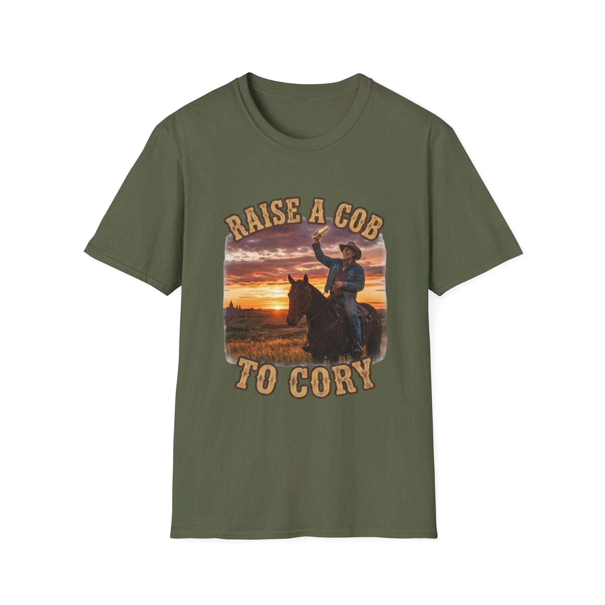 Raise a Cob to Cory Cowboy T‑Shirt — Western Sunset Rodeo Taber Corn Graphic Tee