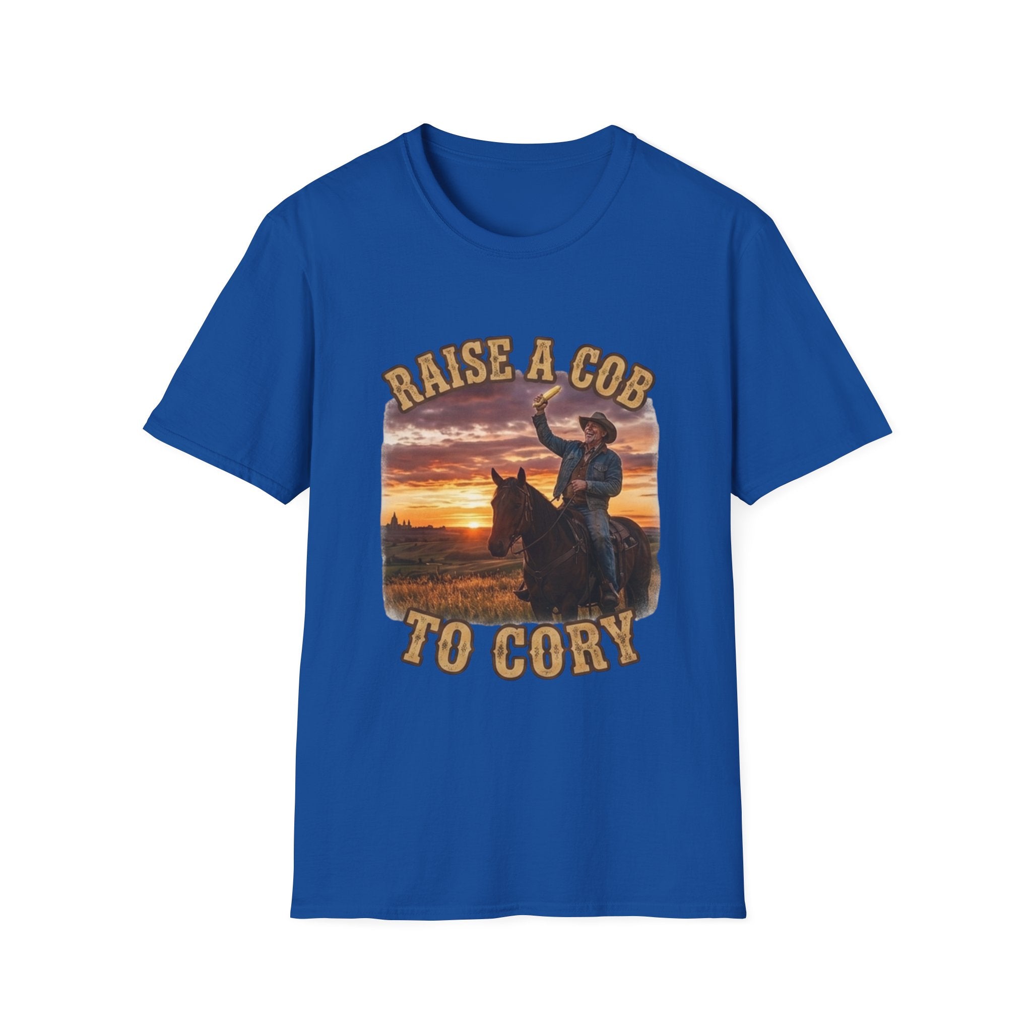 Raise a Cob to Cory Cowboy T‑Shirt — Western Sunset Rodeo Taber Corn Graphic Tee