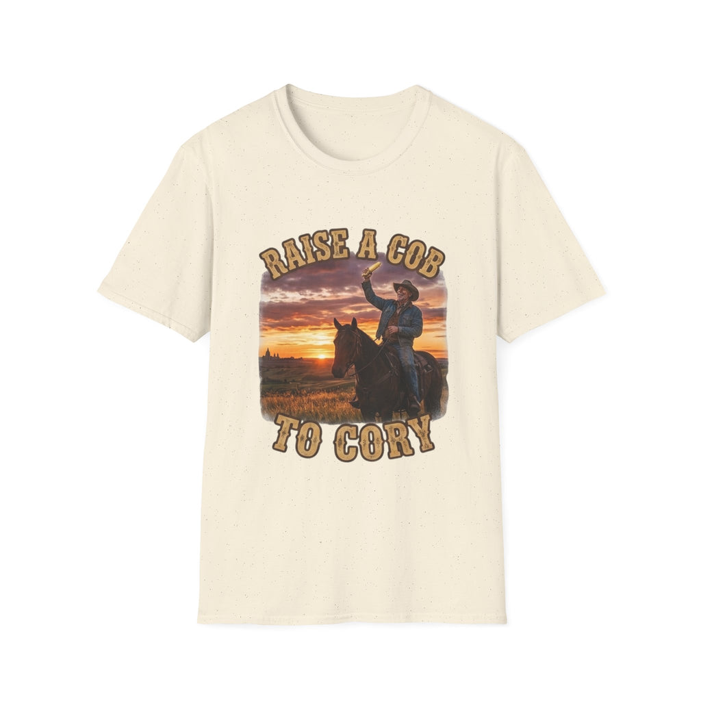 Raise a Cob to Cory Cowboy T‑Shirt — Western Sunset Rodeo Taber Corn Graphic Tee
