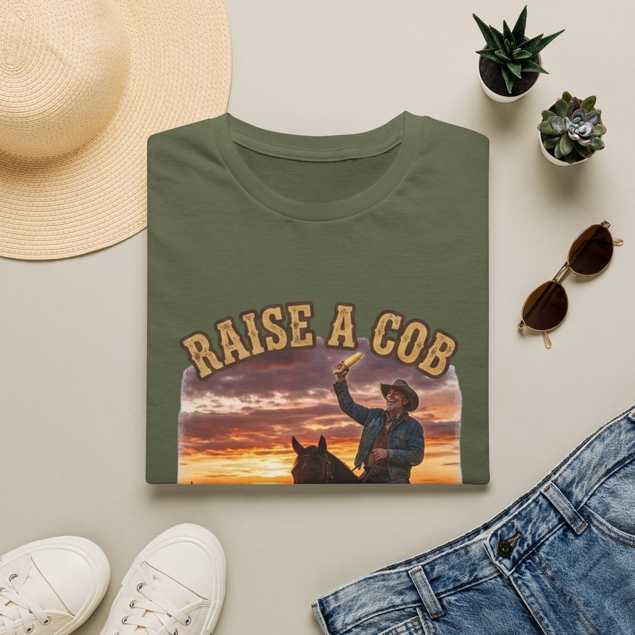 Raise a Cob to Cory Cowboy T‑Shirt — Western Sunset Rodeo Taber Corn Graphic Tee