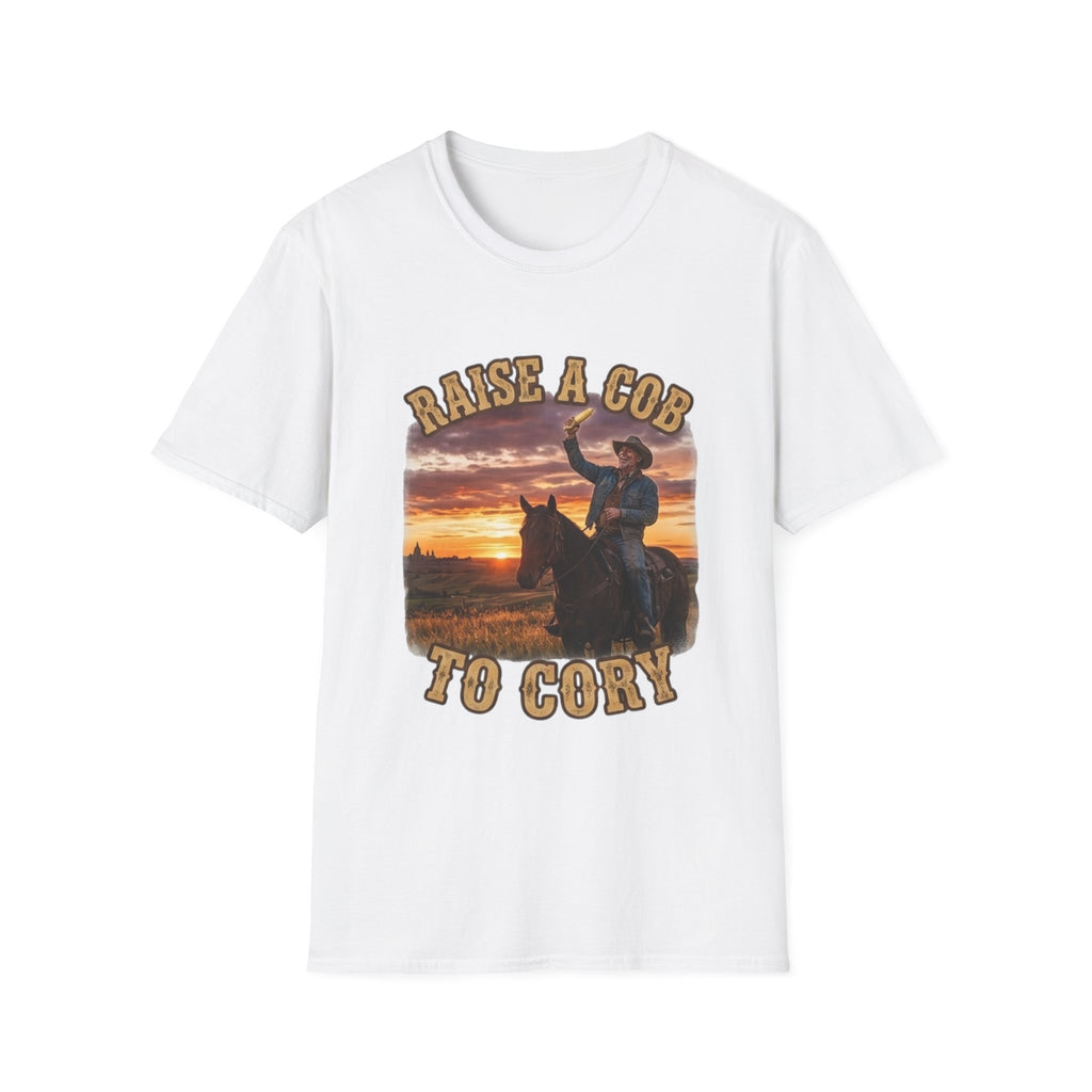 Raise a Cob to Cory Cowboy T‑Shirt — Western Sunset Rodeo Taber Corn Graphic Tee