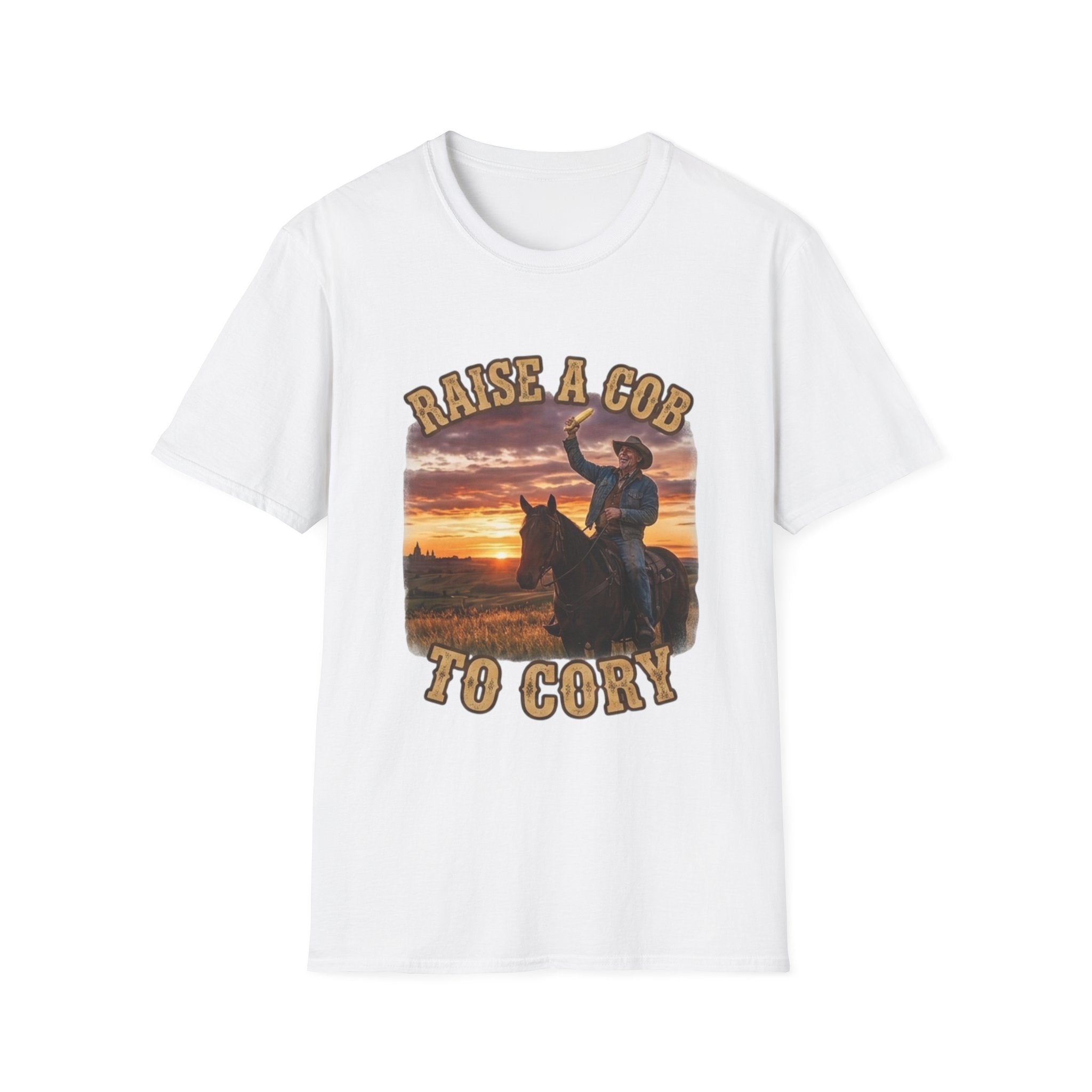 Raise a Cob to Cory Cowboy T‑Shirt — Western Sunset Rodeo Taber Corn Graphic Tee