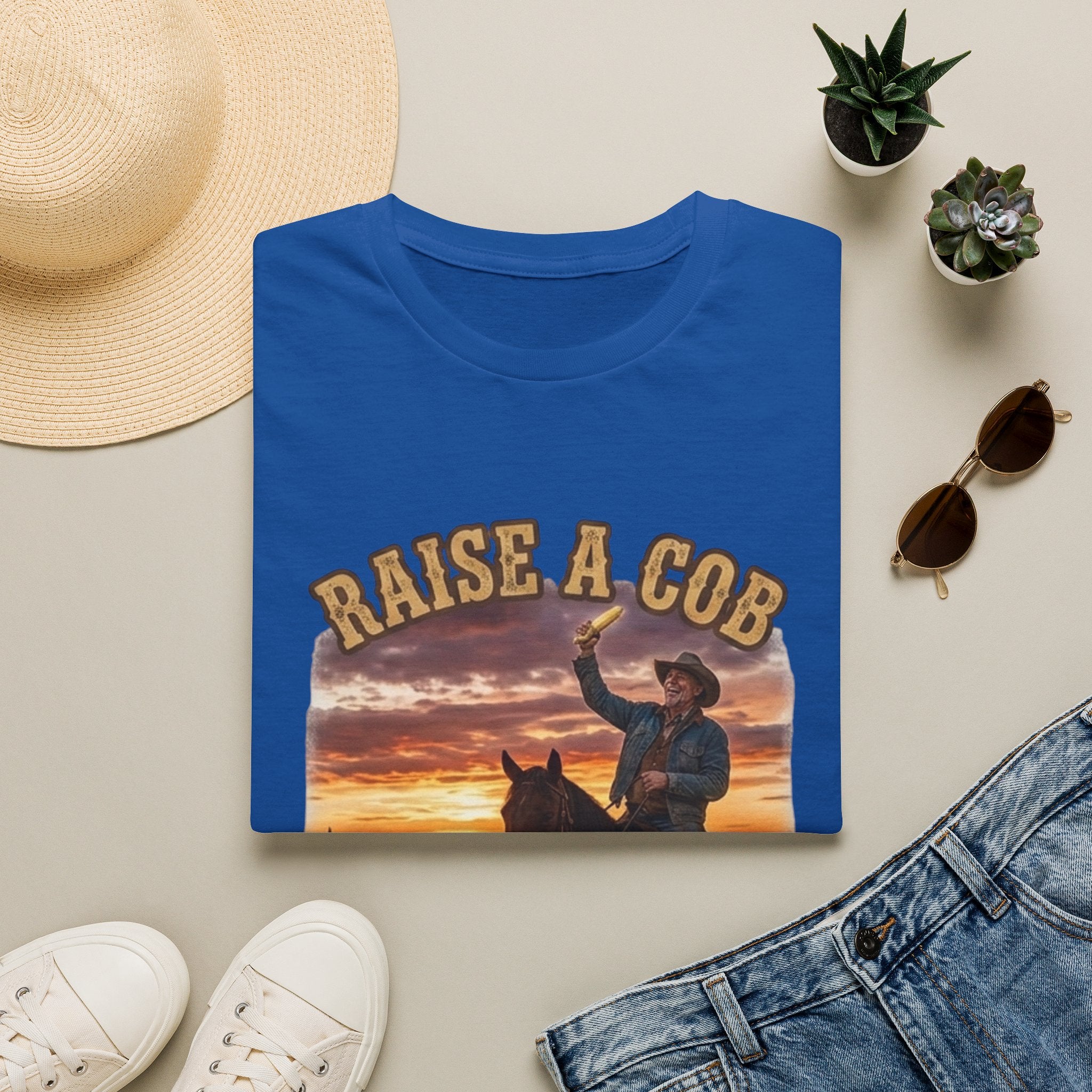 Raise a Cob to Cory Cowboy T‑Shirt — Western Sunset Rodeo Taber Corn Graphic Tee