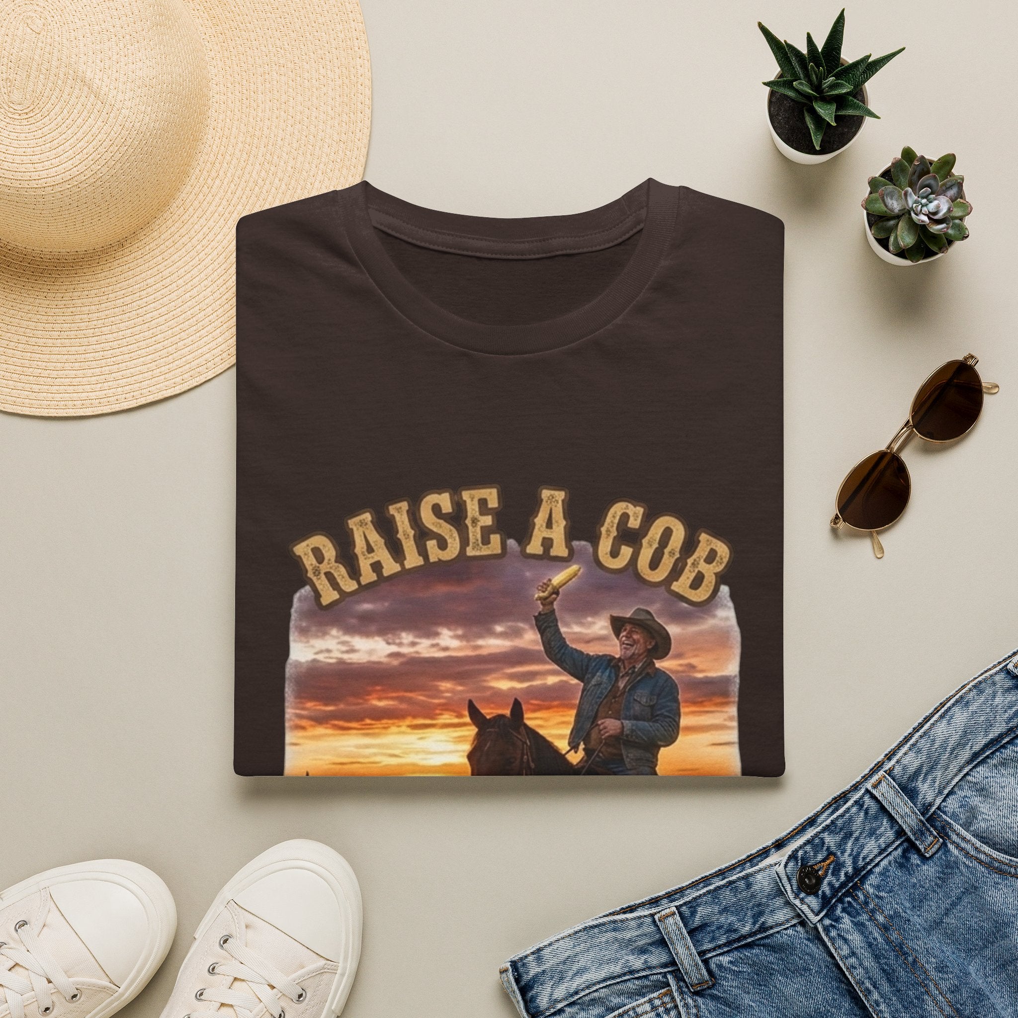 Raise a Cob to Cory Cowboy T‑Shirt — Western Sunset Rodeo Taber Corn Graphic Tee