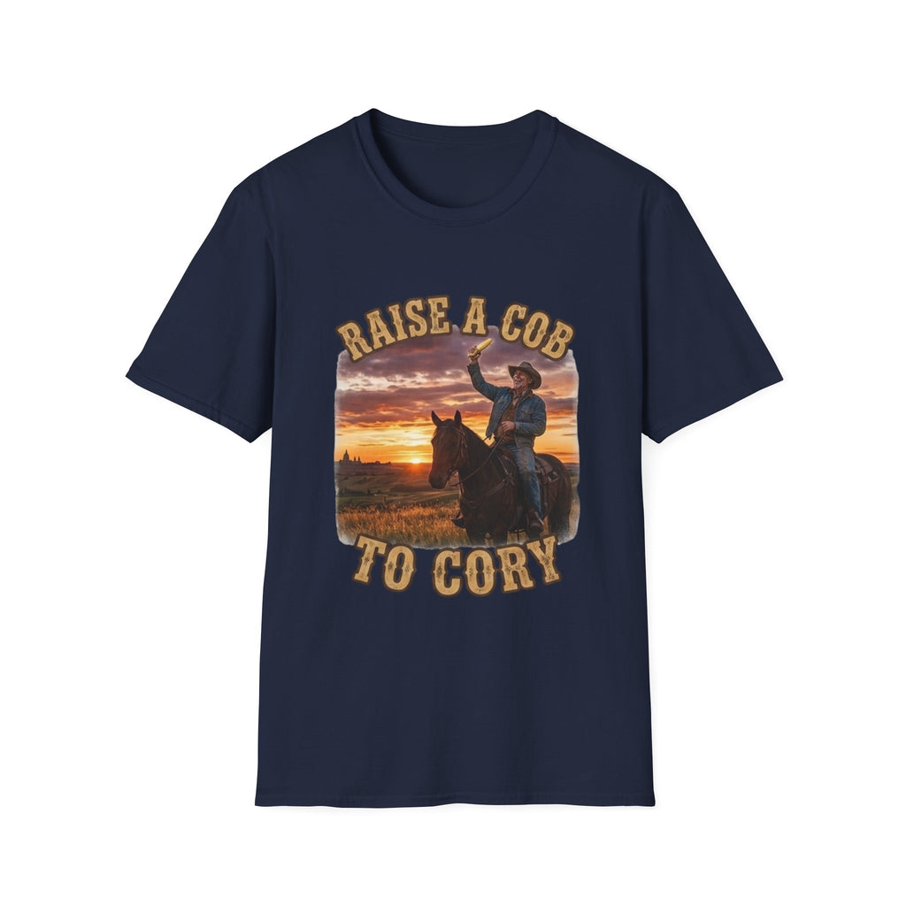 Raise a Cob to Cory Cowboy T‑Shirt — Western Sunset Rodeo Taber Corn Graphic Tee