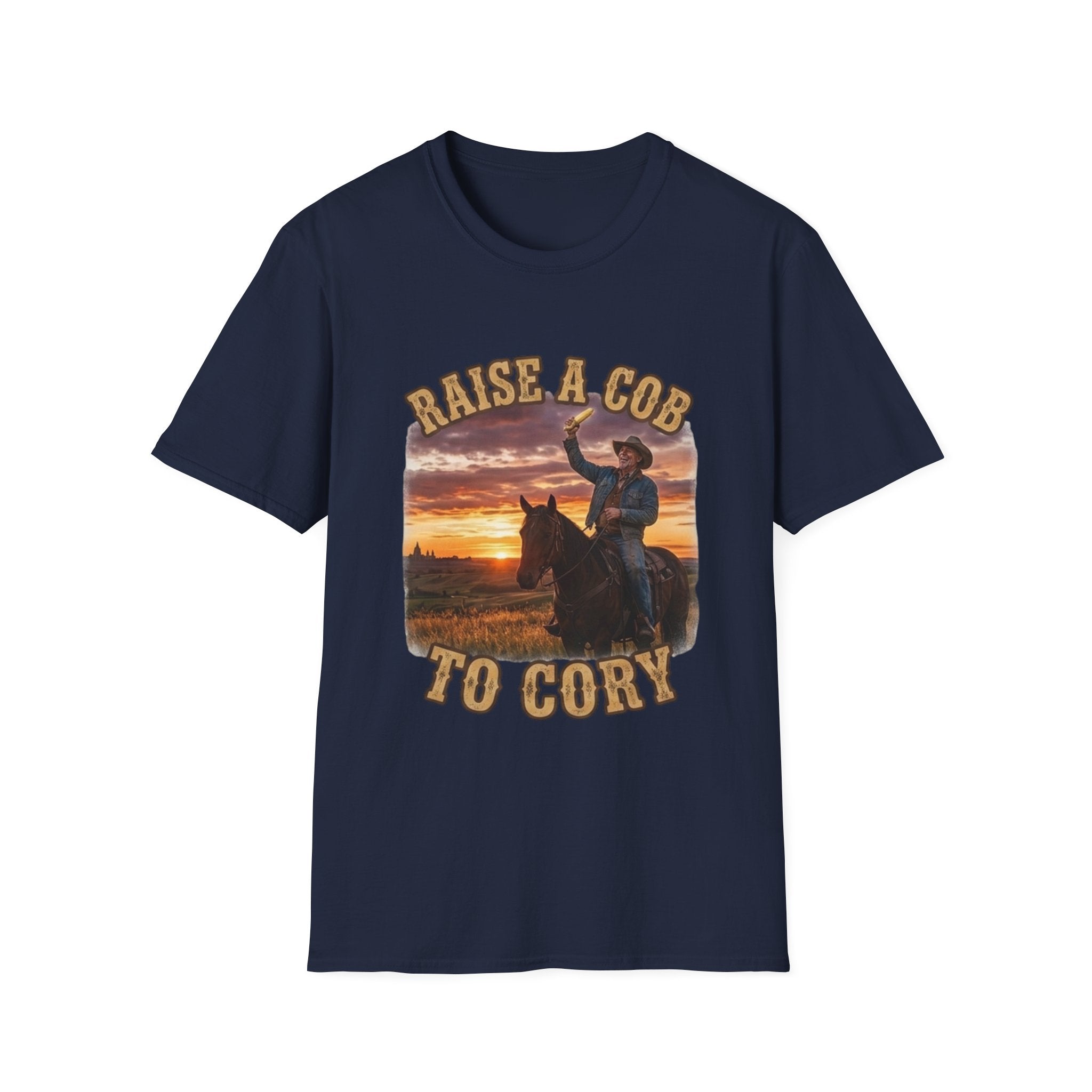 Raise a Cob to Cory Cowboy T‑Shirt — Western Sunset Rodeo Taber Corn Graphic Tee