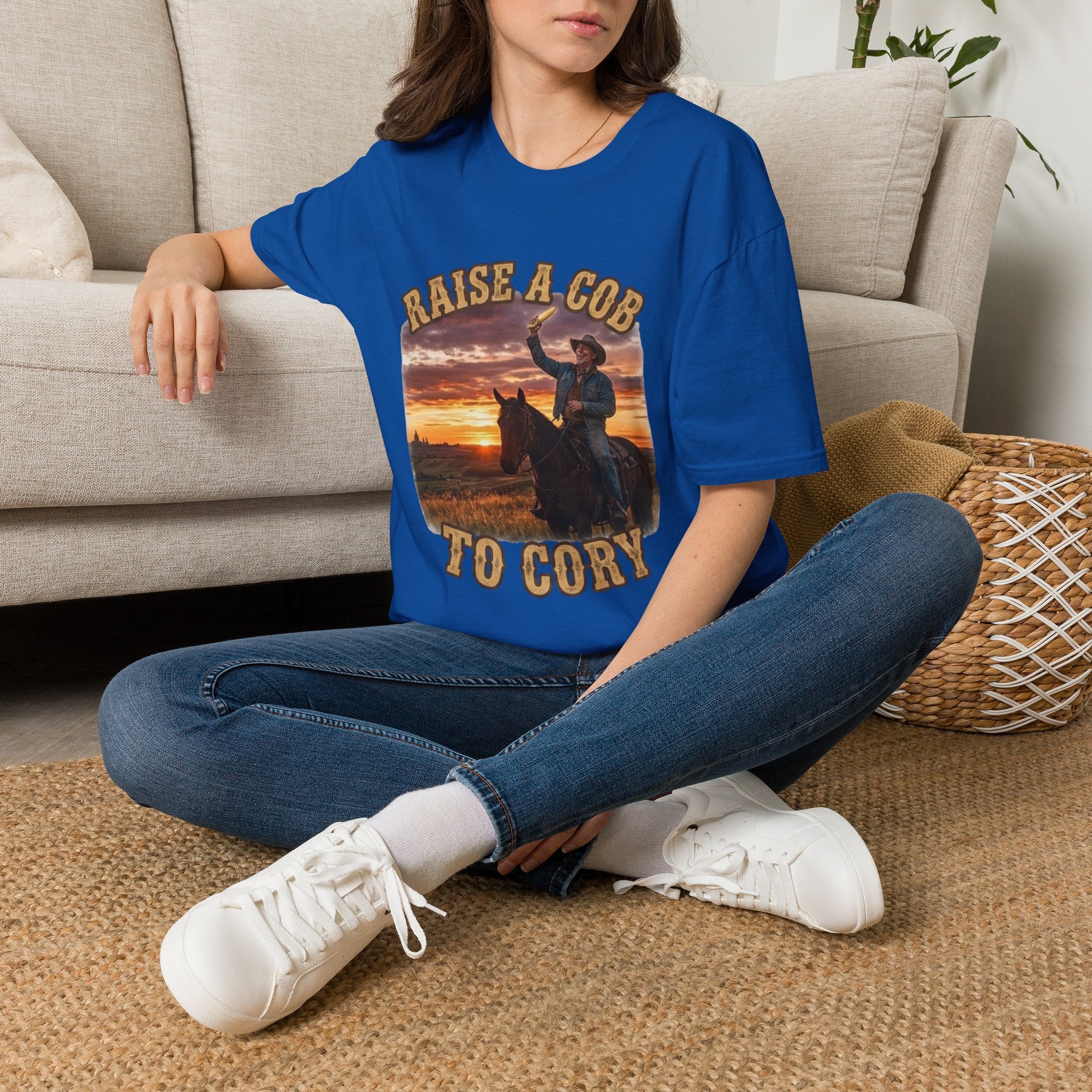 Raise a Cob to Cory Cowboy T‑Shirt — Western Sunset Rodeo Taber Corn Graphic Tee