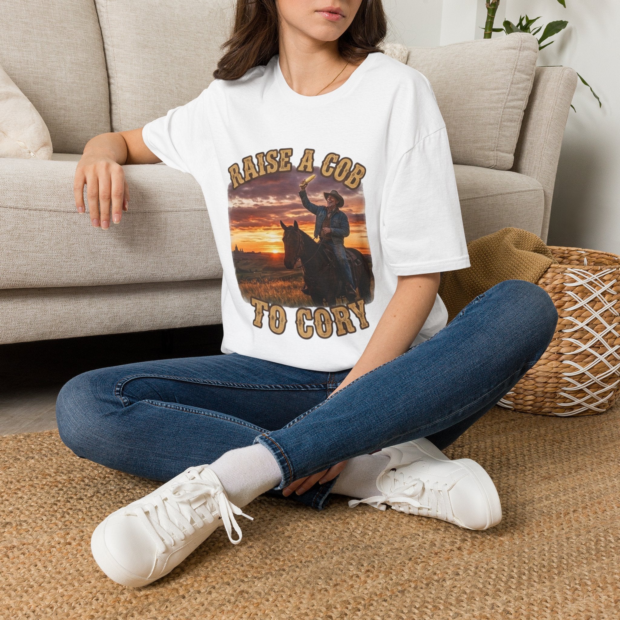 Raise a Cob to Cory Cowboy T‑Shirt — Western Sunset Rodeo Taber Corn Graphic Tee