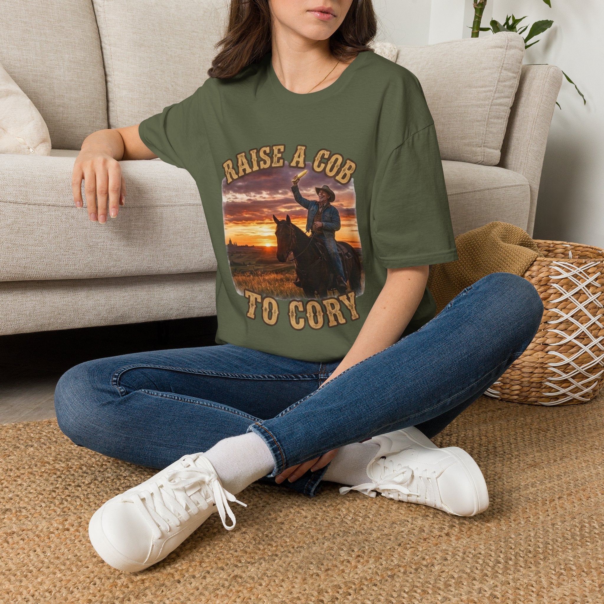 Raise a Cob to Cory Cowboy T‑Shirt — Western Sunset Rodeo Taber Corn Graphic Tee