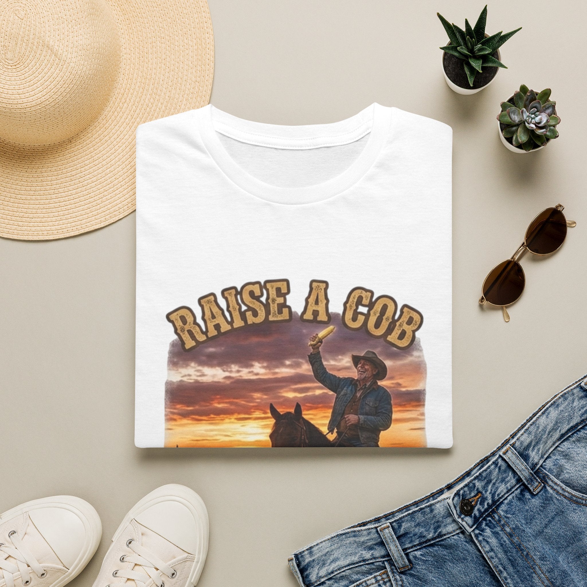 Raise a Cob to Cory Cowboy T‑Shirt — Western Sunset Rodeo Taber Corn Graphic Tee