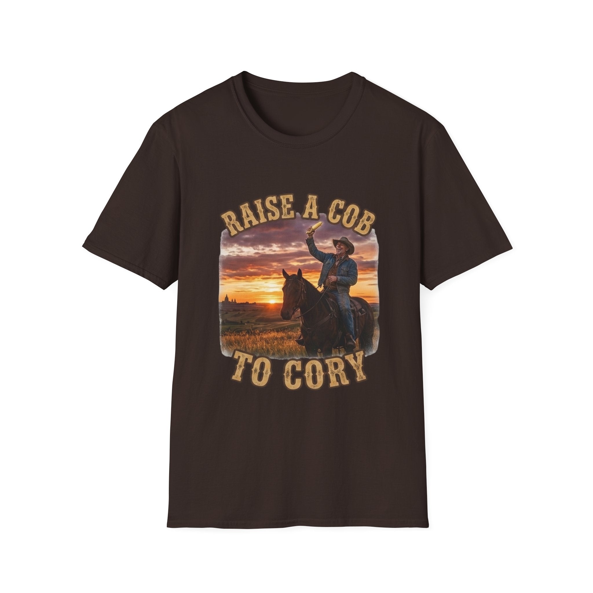 Raise a Cob to Cory Cowboy T‑Shirt — Western Sunset Rodeo Taber Corn Graphic Tee