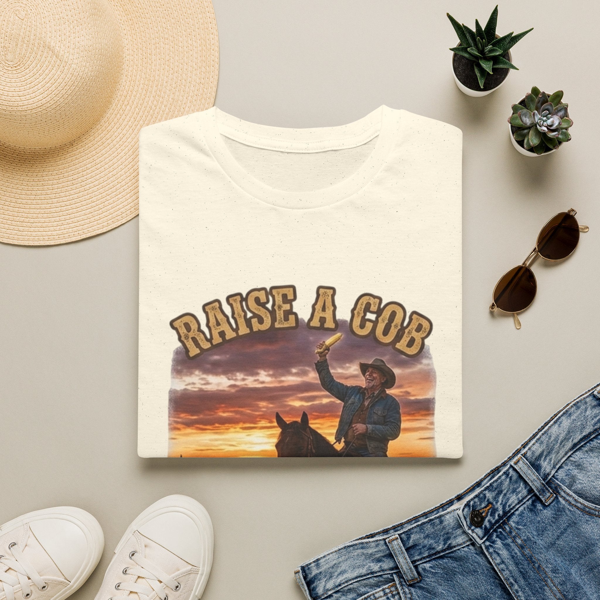 Raise a Cob to Cory Cowboy T‑Shirt — Western Sunset Rodeo Taber Corn Graphic Tee