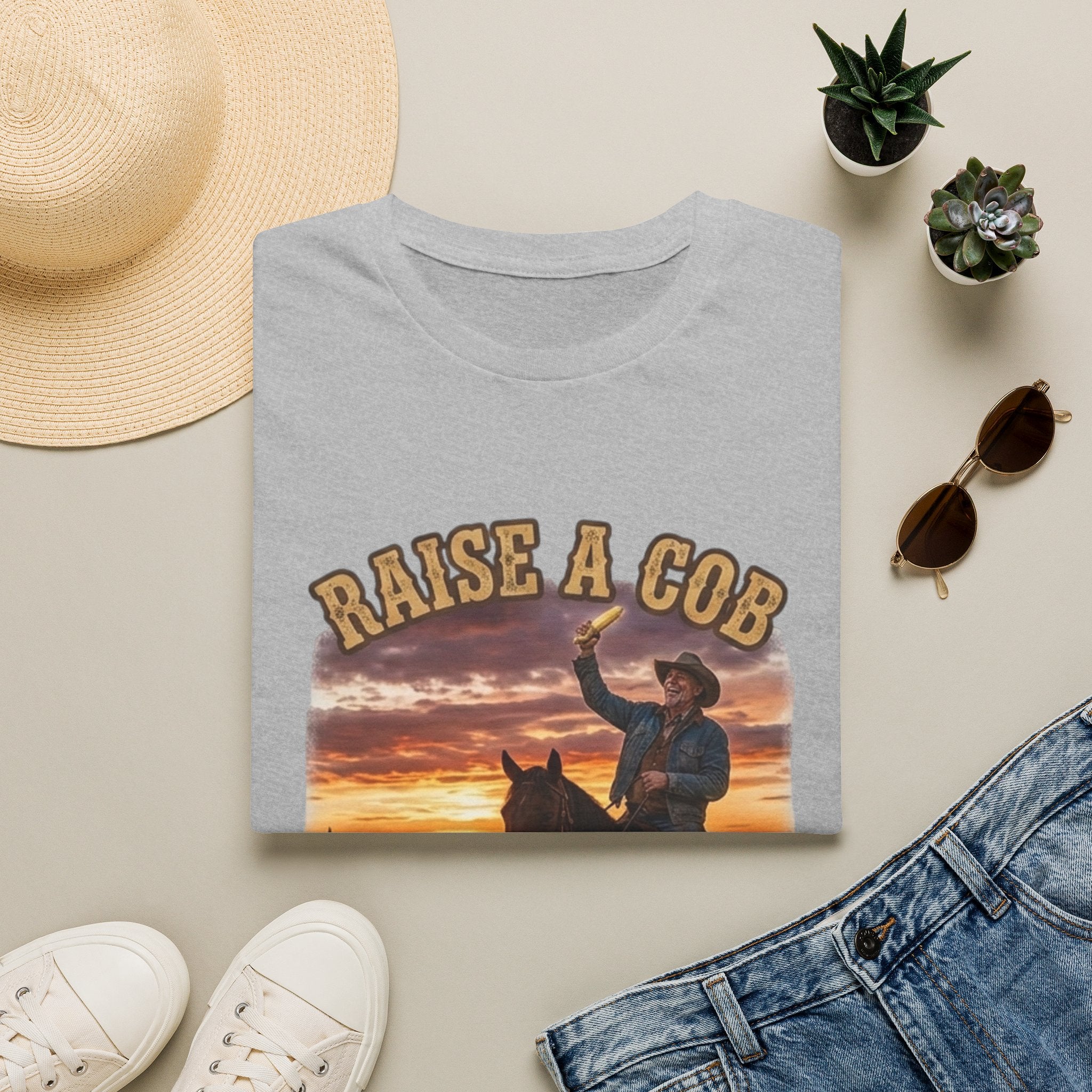 Raise a Cob to Cory Cowboy T‑Shirt — Western Sunset Rodeo Taber Corn Graphic Tee