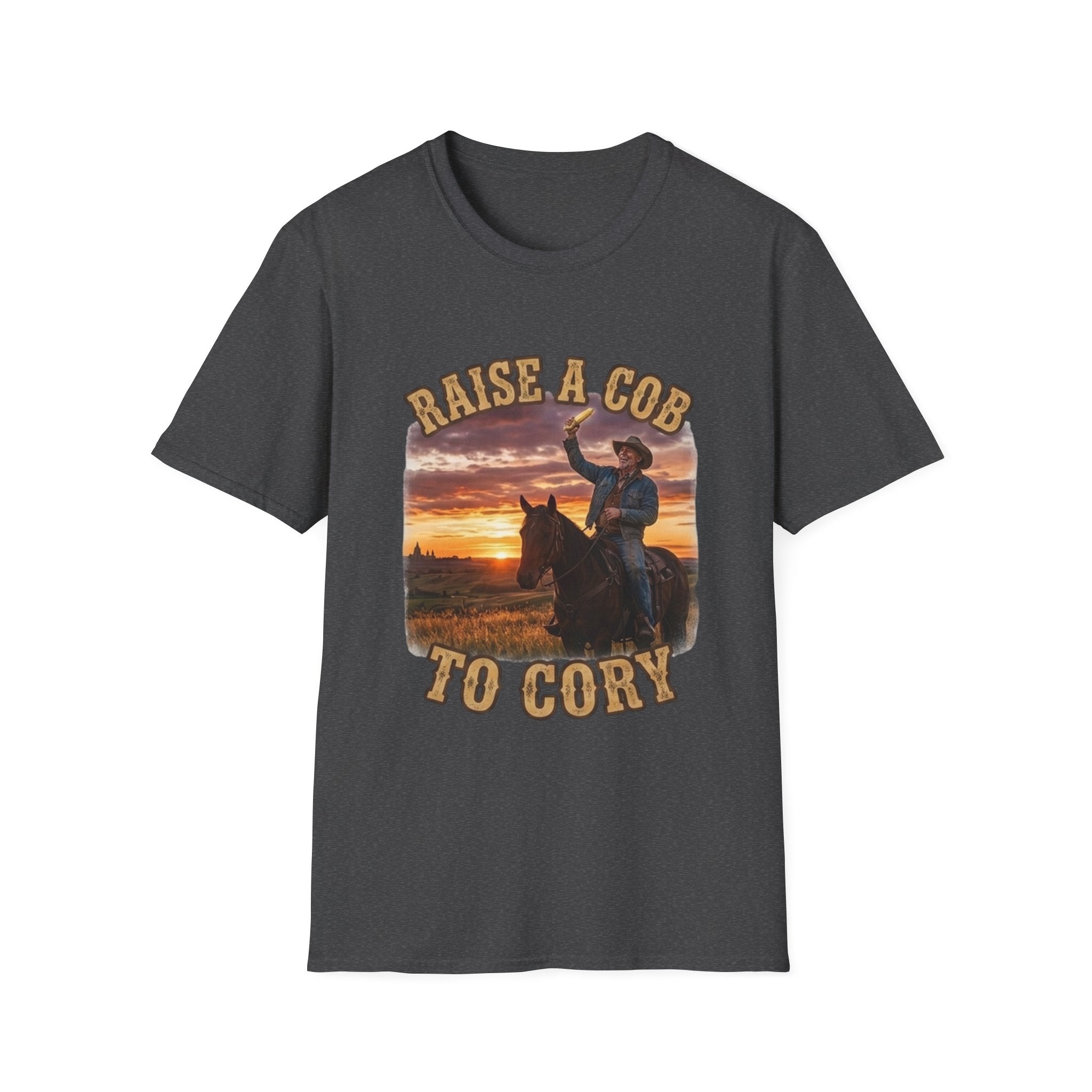 Raise a Cob to Cory Cowboy T‑Shirt — Western Sunset Rodeo Taber Corn Graphic Tee