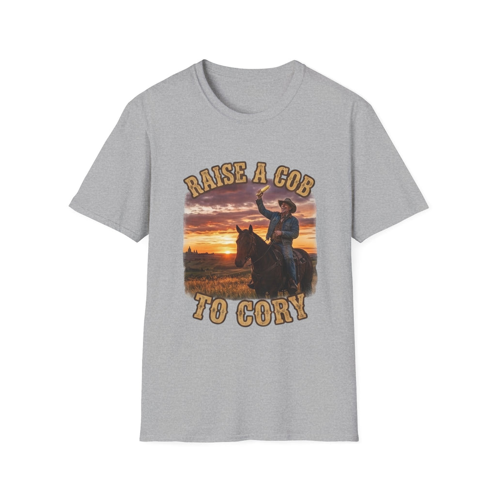 Raise a Cob to Cory Cowboy T‑Shirt — Western Sunset Rodeo Taber Corn Graphic Tee