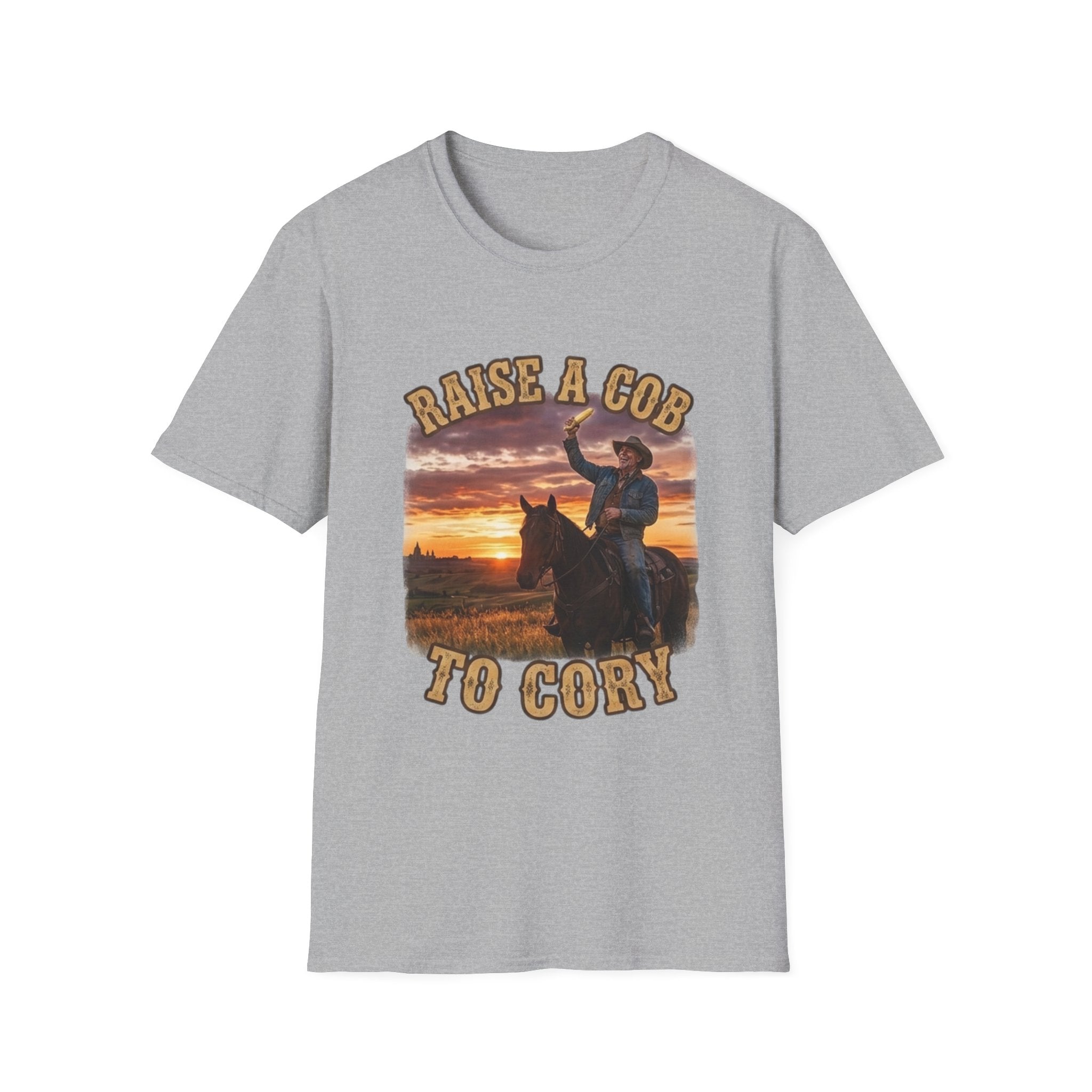 Raise a Cob to Cory Cowboy T‑Shirt — Western Sunset Rodeo Taber Corn Graphic Tee