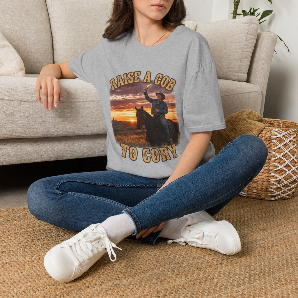 Raise a Cob to Cory Cowboy T‑Shirt — Western Sunset Rodeo Taber Corn Graphic Tee
